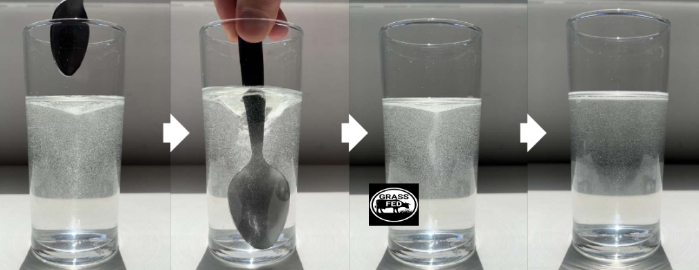 A sequence of images shows a black spoon stirring a clear glass of water, creating swirling bubbles and disruptions in the liquid.